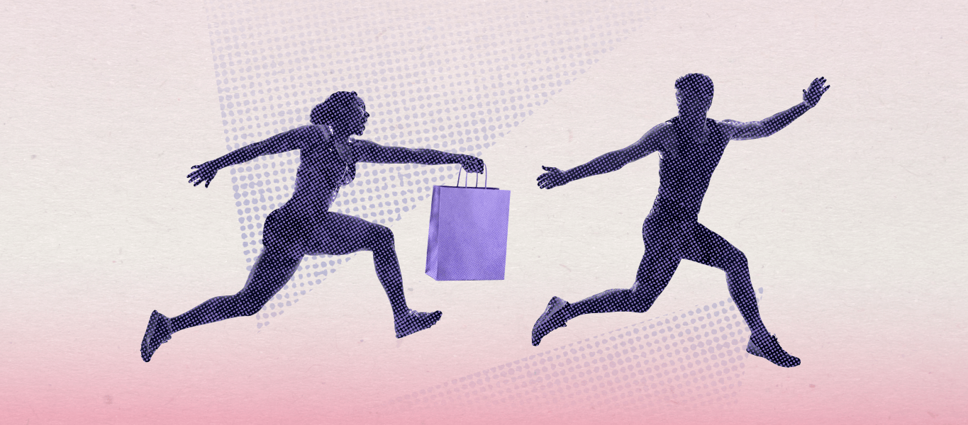 The image for this post on the meaning of direct-to-consumer meaning shows two sprinters handing off a shopping bag in place of a baton.