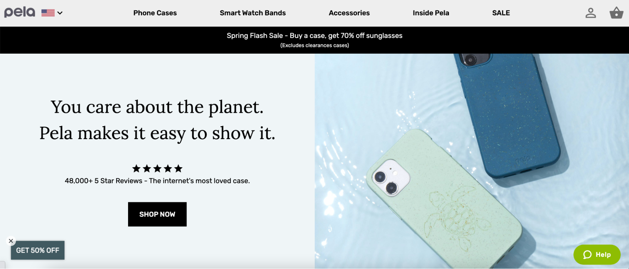 Screenshot of Pela's website highlighting their compostable phone cases.