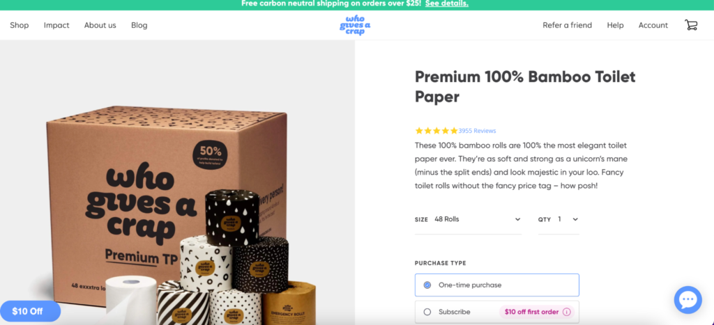 Screenshot of the Who Gives a Crap website highlighting their sustainable, 100% bamboo toilet paper.