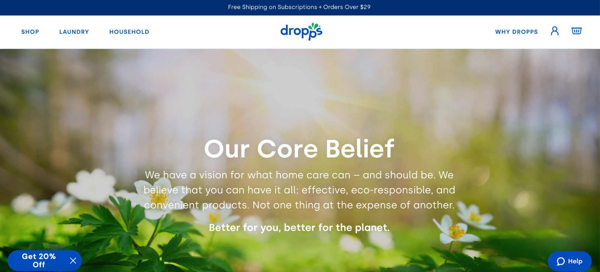 Screenshot of Dropps' website highlighting their core beliefs about building a green planet.