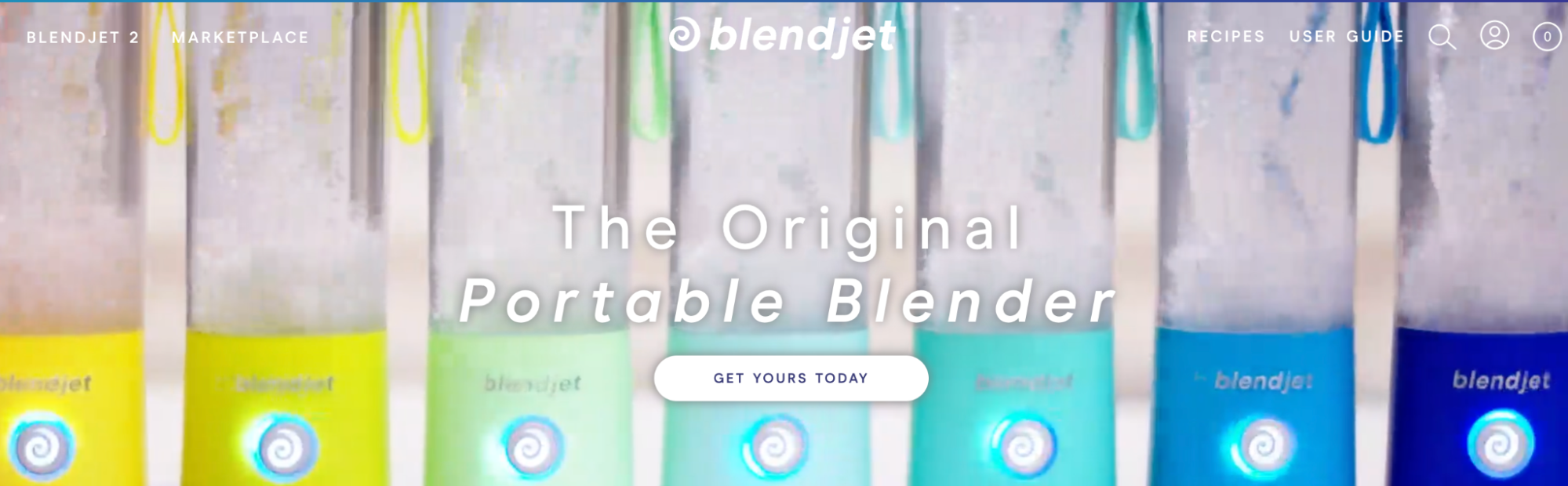 Image shows a screenshot from BlendJet's website, with a rainbow line of blenders.