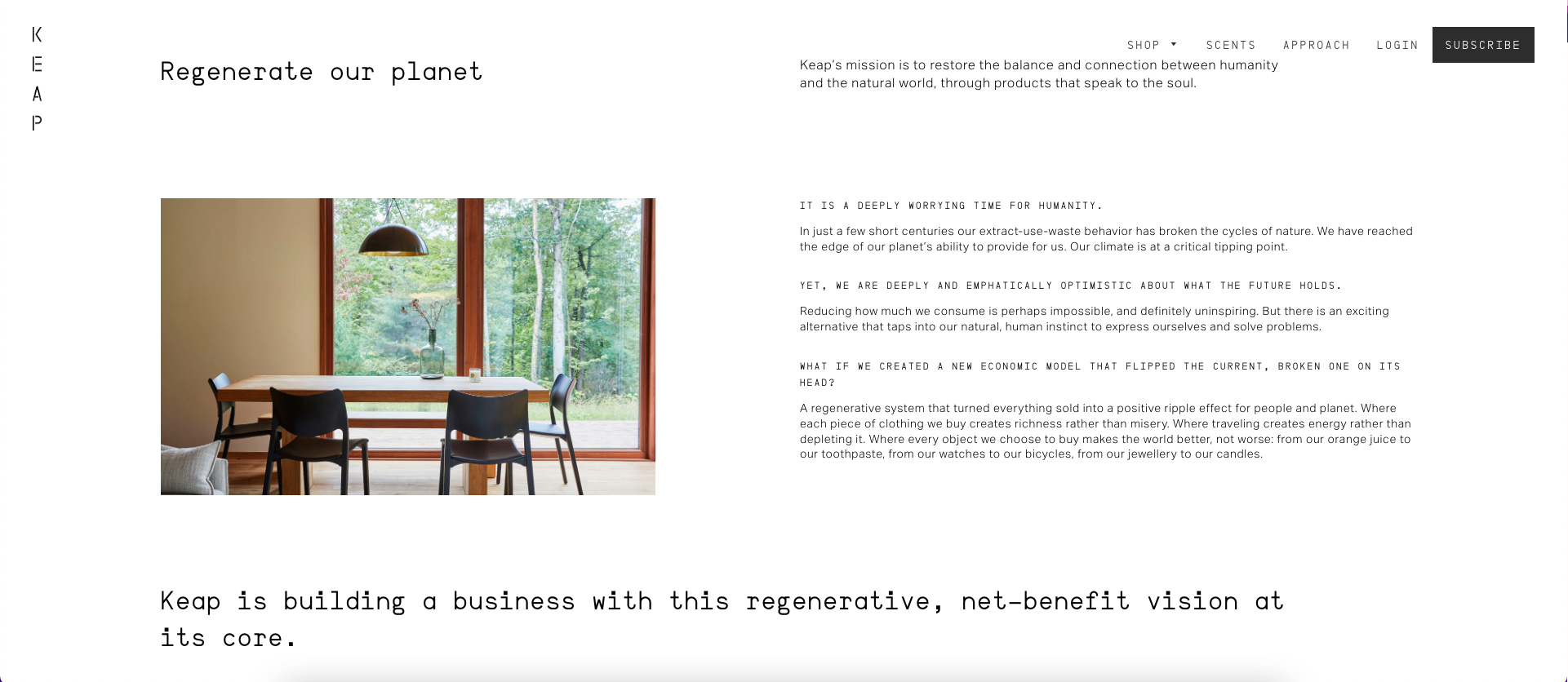 Screenshot of Keap Candles' webpage highlighting their regenerative, net-benefit vision.