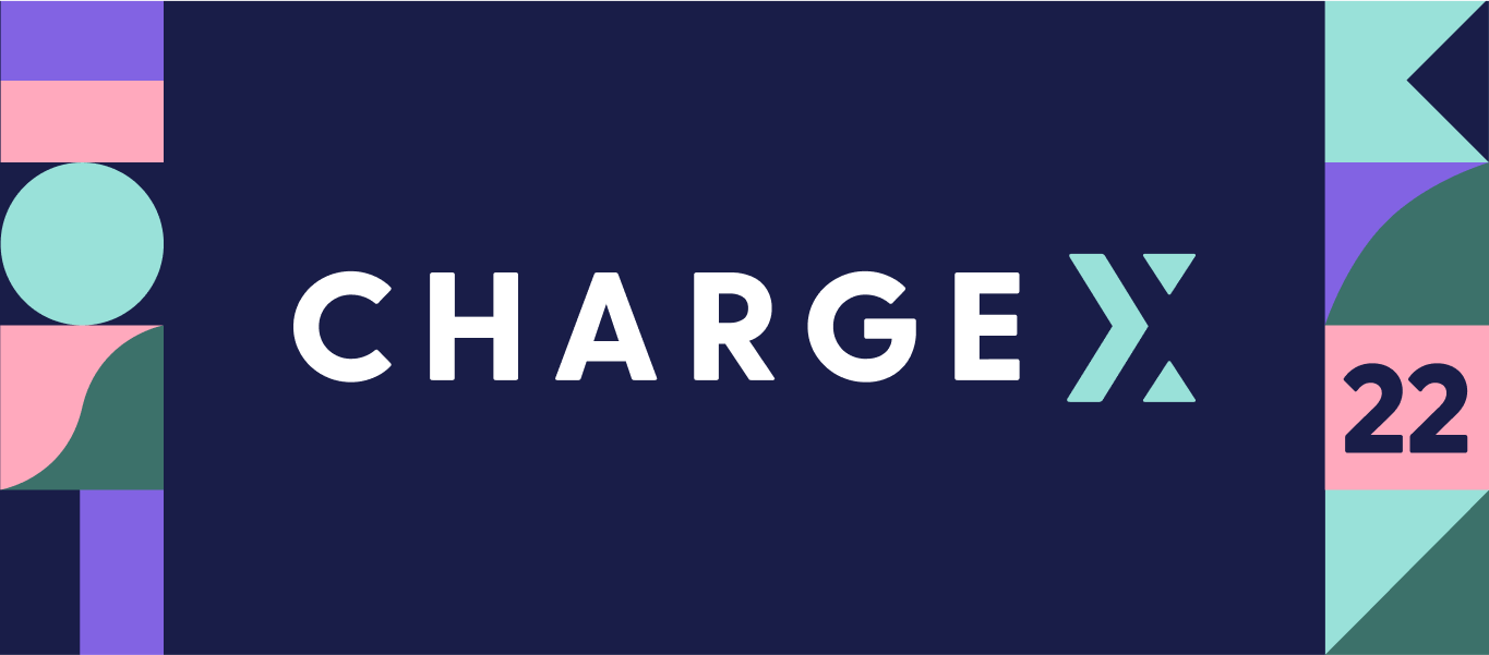 Logo for ChargeX22 on dark blue background with geometric shapes
