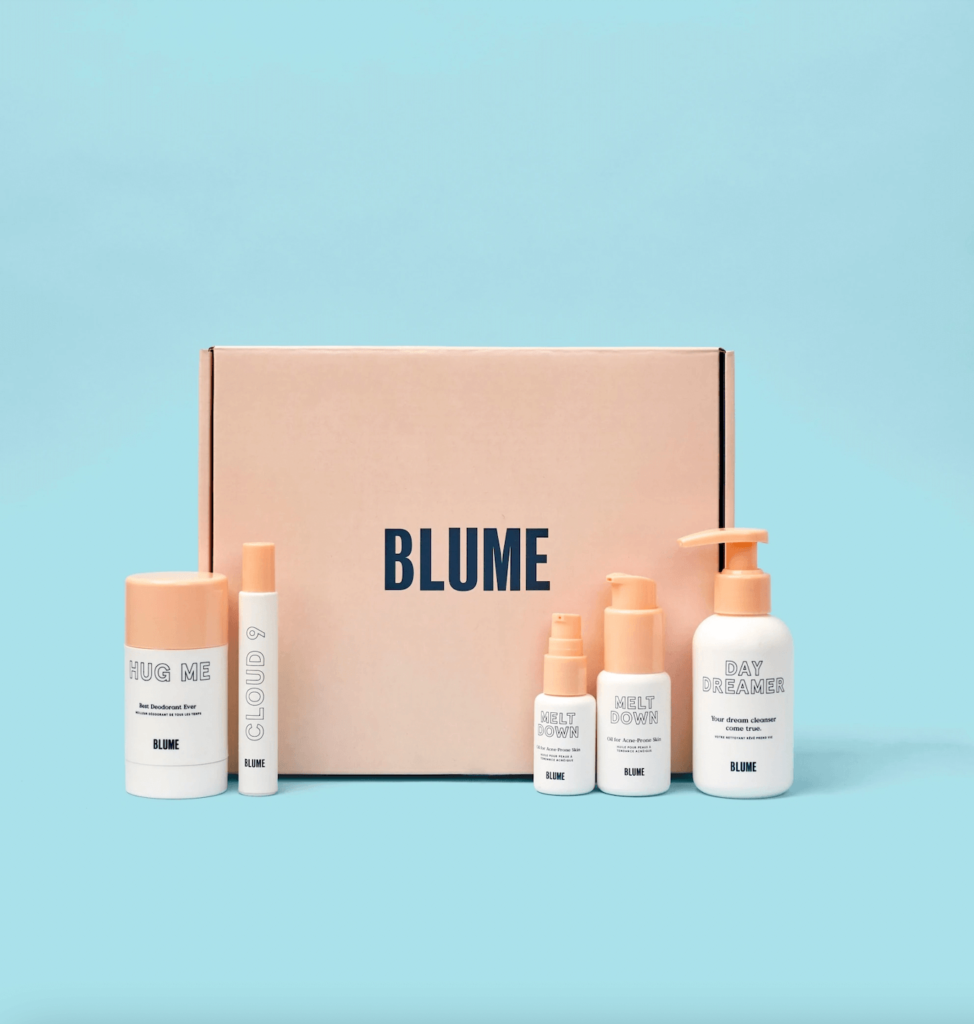 A mailer box is perfect for Blume’s skincare products.