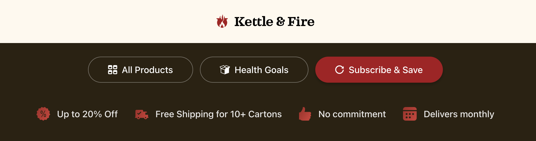This screenshot shows Kettle & Fire's subscription offerings.