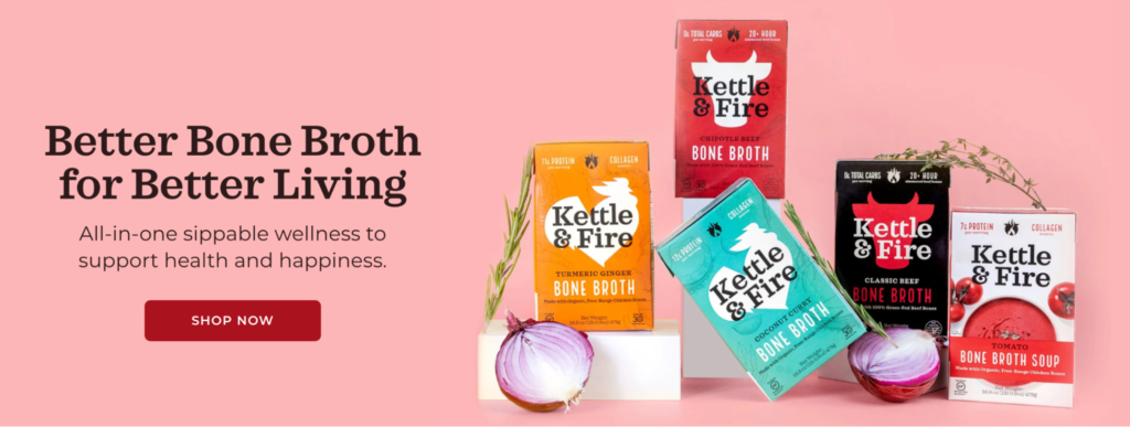 Image shows bone broth packages and ingredients, next to text.