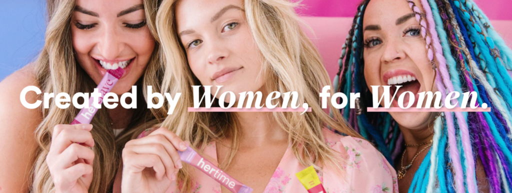 Image shows three women with a tagline "Created by women, for women."