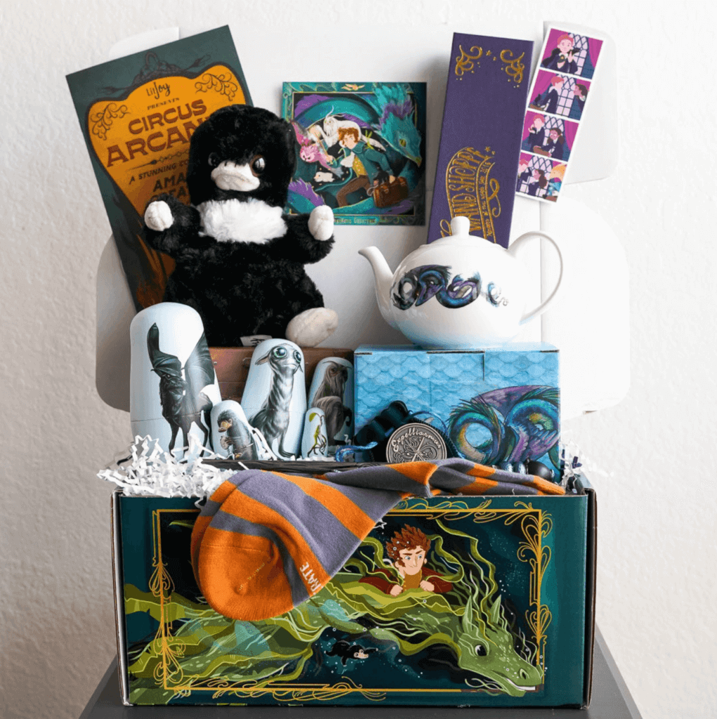 LitJoy Crate’s Fantastic Creatures box, featuring a teapot, socks, and scarf-socks designed in-house.