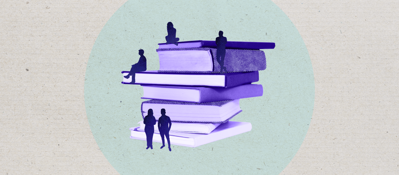 Small people sit on large purple books.