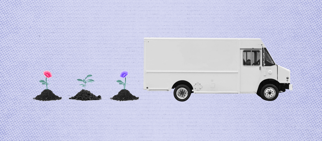 A delivery truck dropping off various different flowers representing eco-friendly packaging