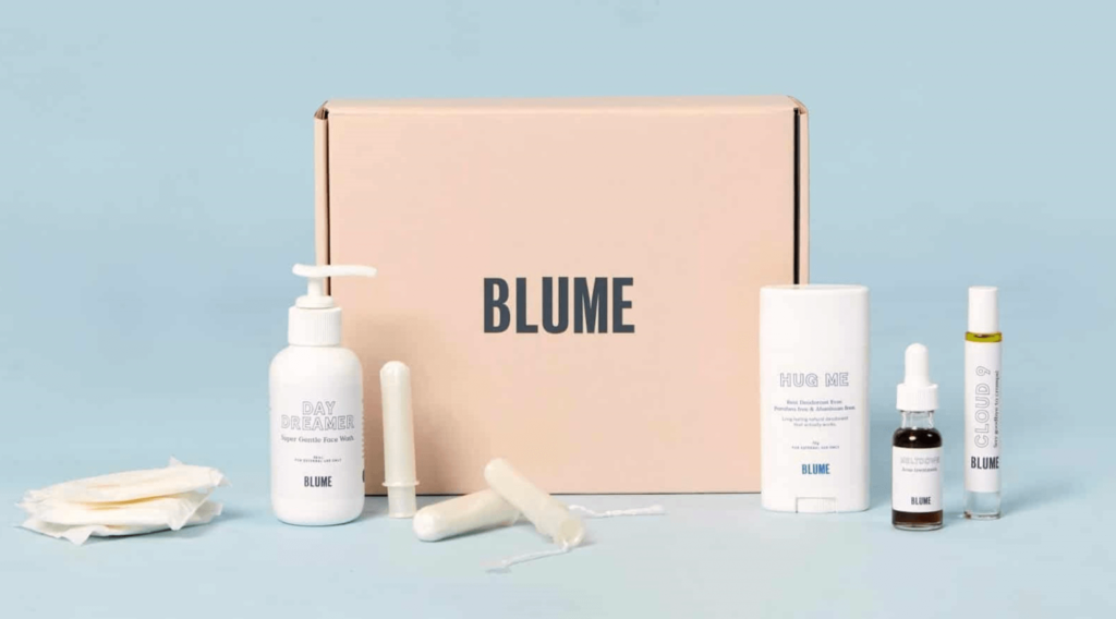 A box of Blume’s self-care products.