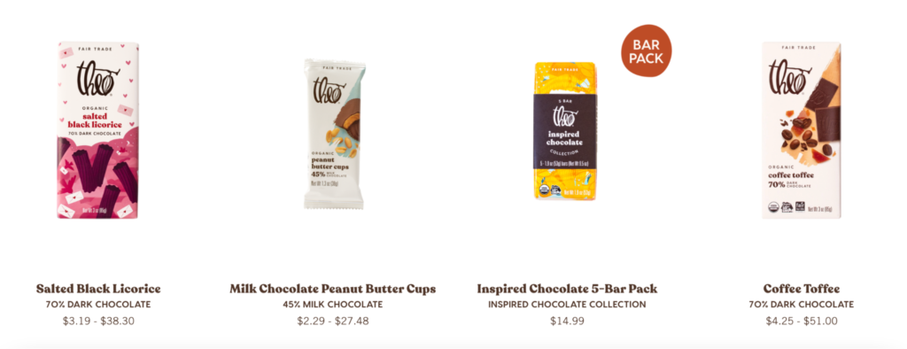 Theo Chocolate bars are shown on the cart page.