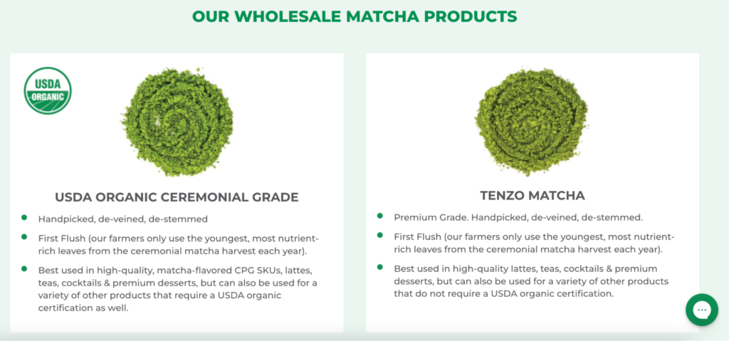 A table outlining the differences between USDA organic ceremonial grade matcha and Tenzo matcha
