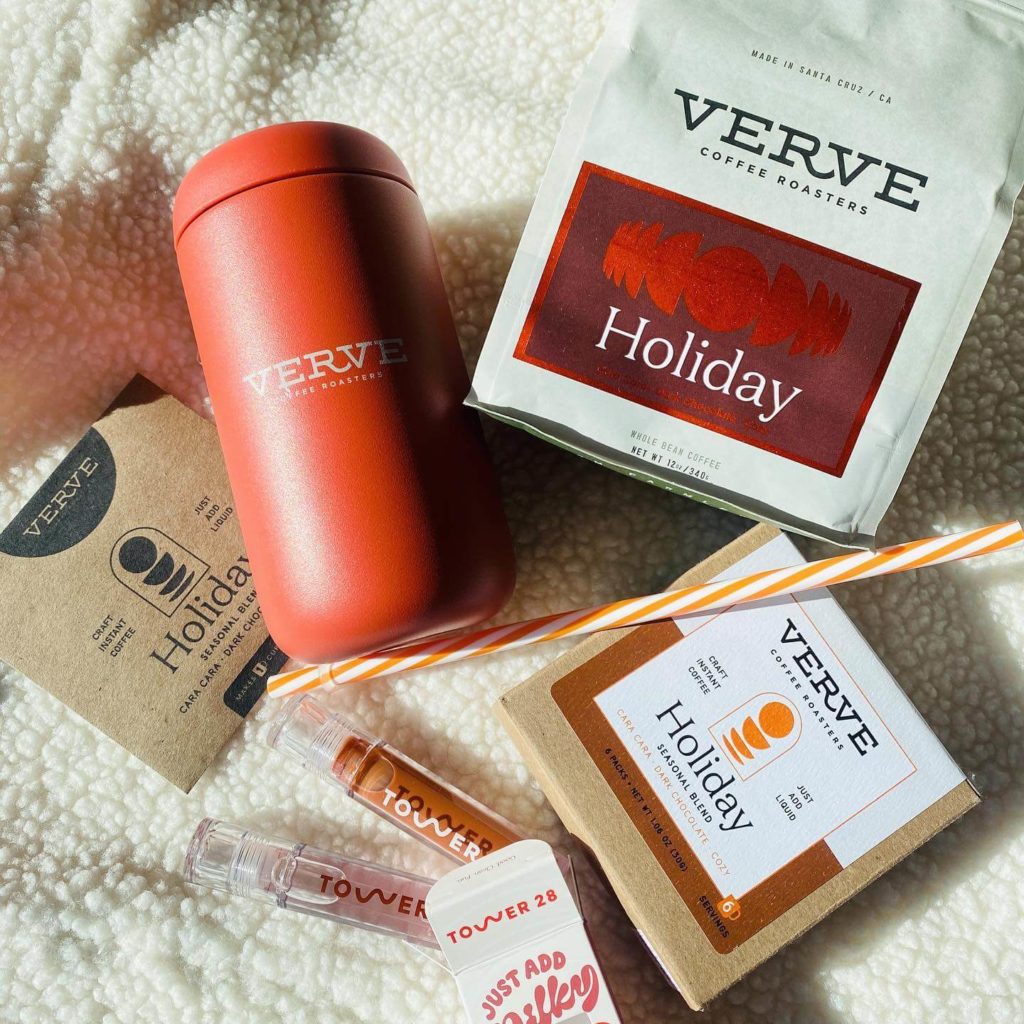 A variety of holiday themed coffee products from beans to instant mixes, from Verve Coffee roasters