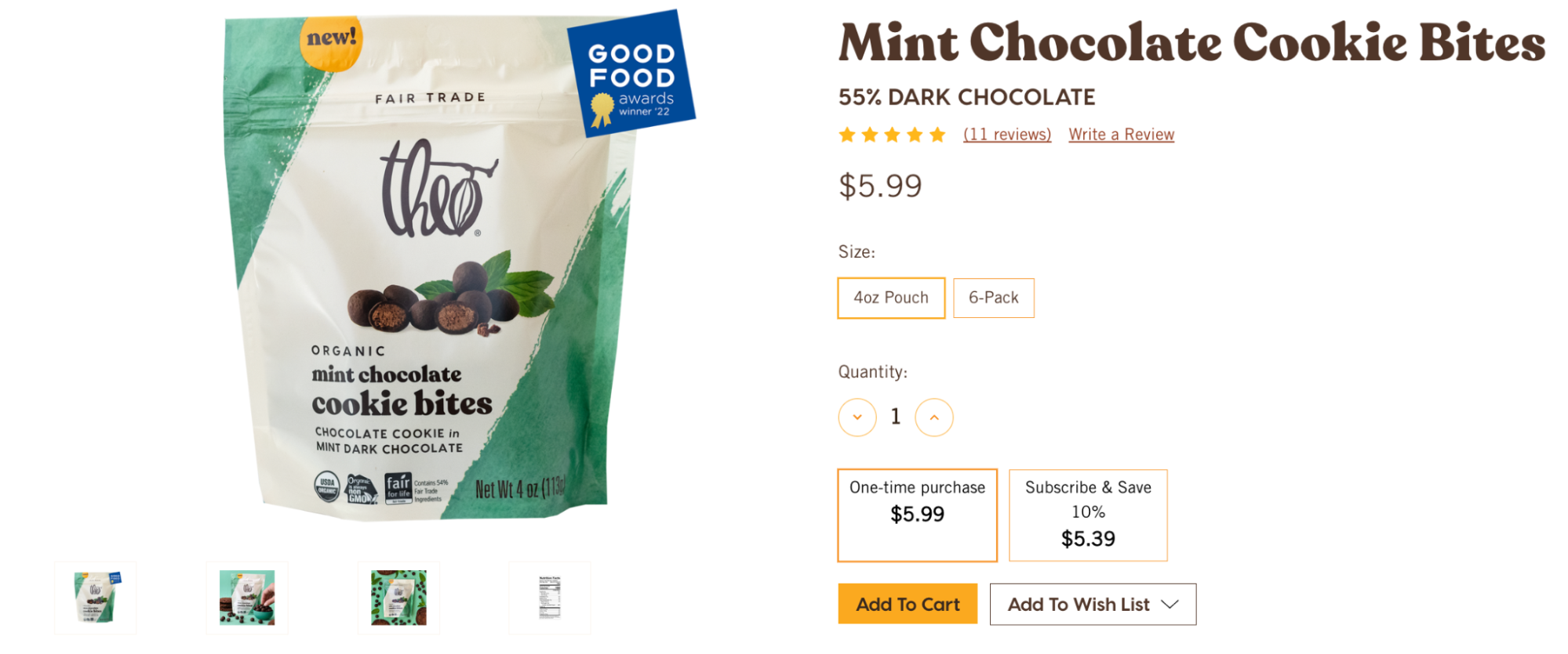 Theo Chocolates offers the option for customers to make a one-time purchase or subscribe on each product page.