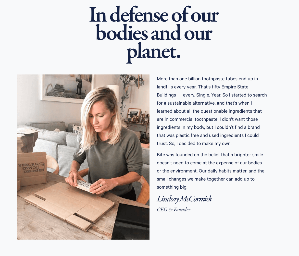 On the Bite About Us page, an image of CEO & Co-Founder, Lindsay McCormick, sitting at a desk with a Blume branded packaging box. The picture is next to a letter written from Lindsay outlining why she started the brand
