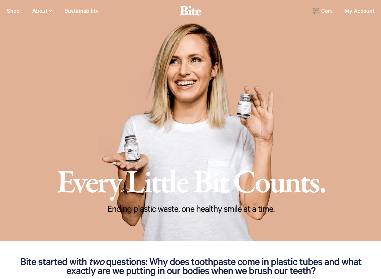 From Bite's About Us page, CEO & Co-Founder Lindsay McCormick smiling while holding a branded glass vial of Bite toothpaste bits