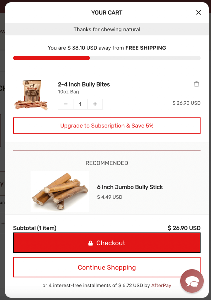 A screenshot of a customer's shopping cart for Bully Bunches, depicting a one-time purchase of Bully Bites in the cart with options to upgrade to a subscription and save 5%.