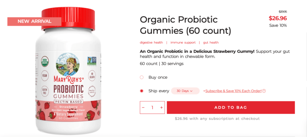 Mary Ruth's Organic product page shows probiotic gummies and their subscription options.