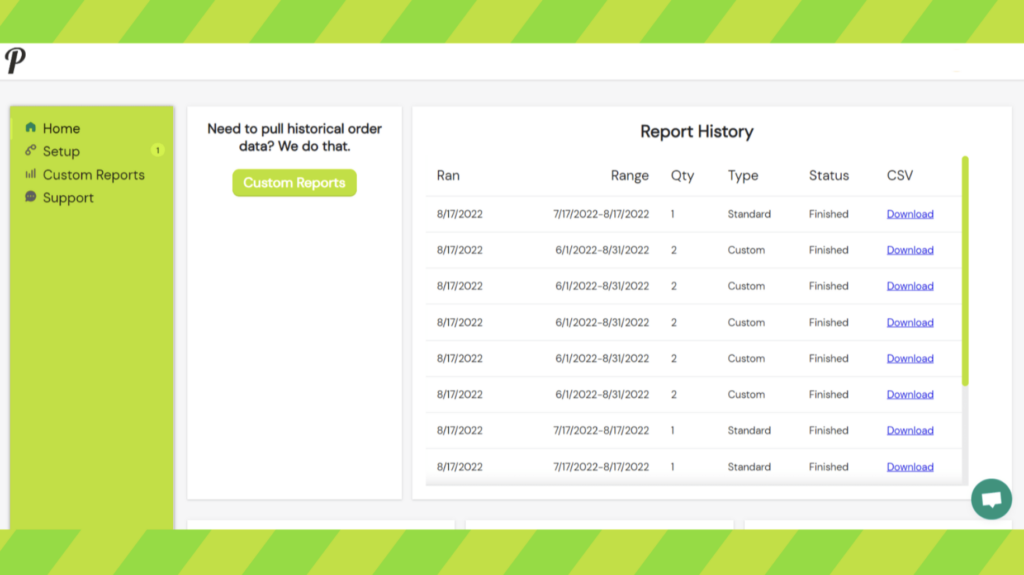 Dashboard shows report history.