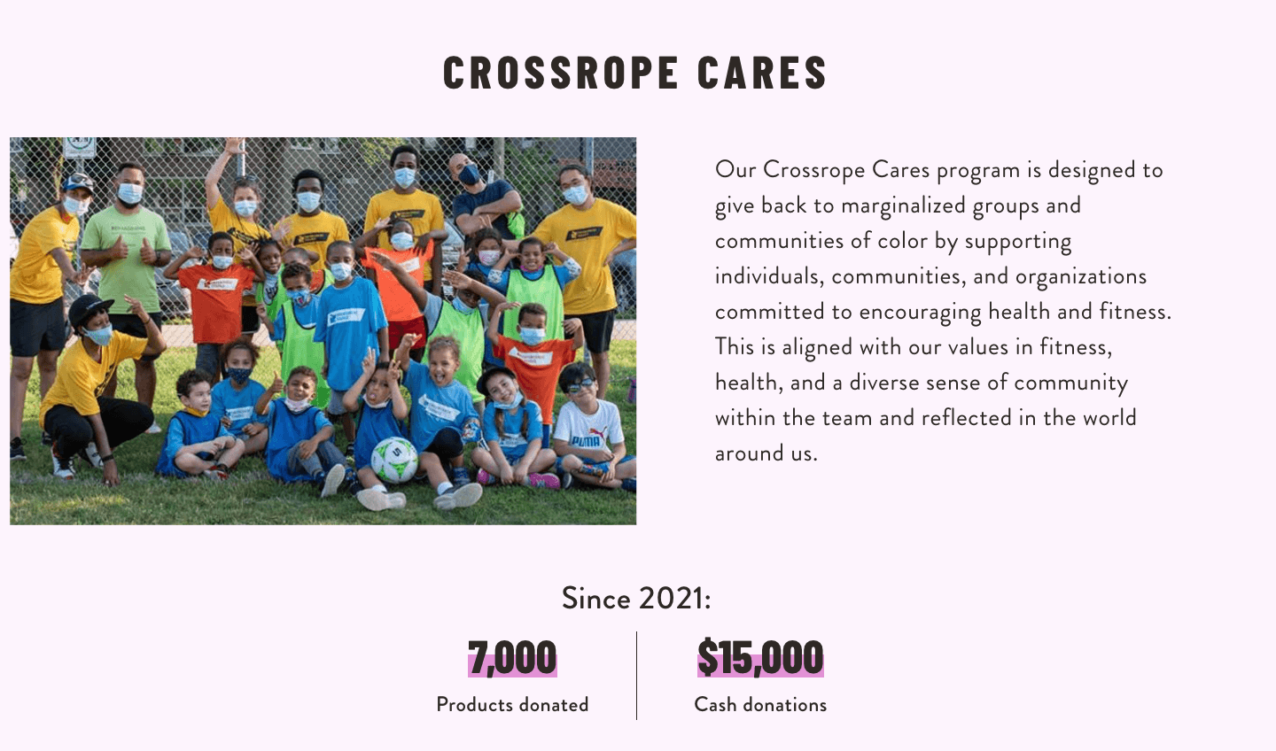 From Crossrope's About Us page, a picture of their Crossrope Cares program where a collection of Crossrope employees are standing with a bunch of kids outside smiling and celebrating
