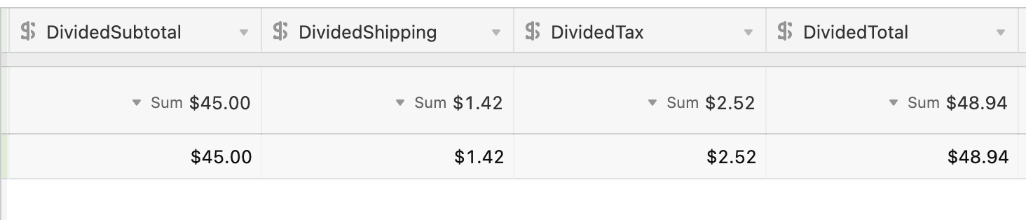 Screenshot showing divided totals for a Pour More order.