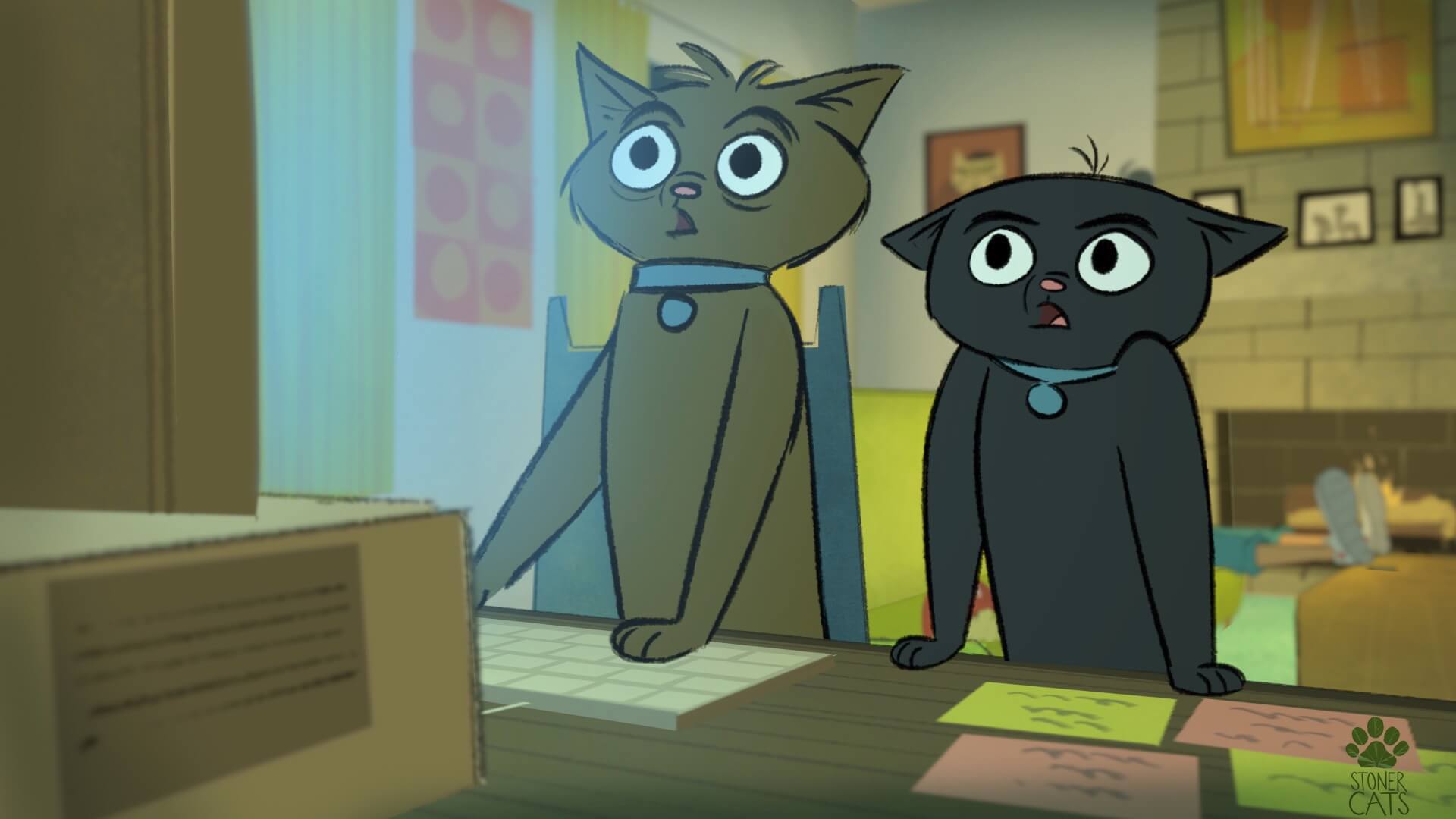 A screenshot of the Stoner Cats adult animated show where two cartoon cats look shocked as they read a computer screen.