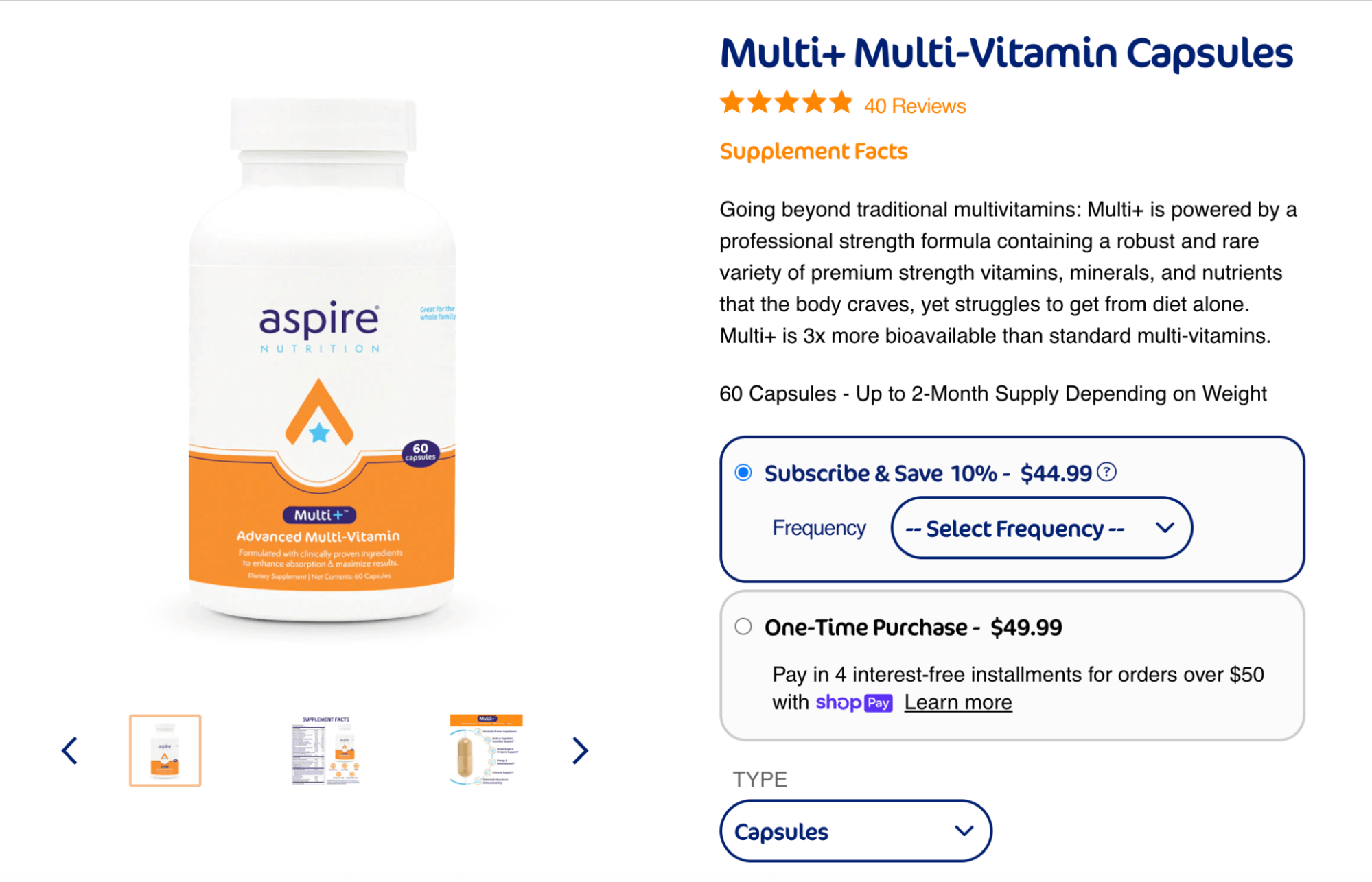 Aspire Nutrition gives customers the option to subscribe on every product page.
