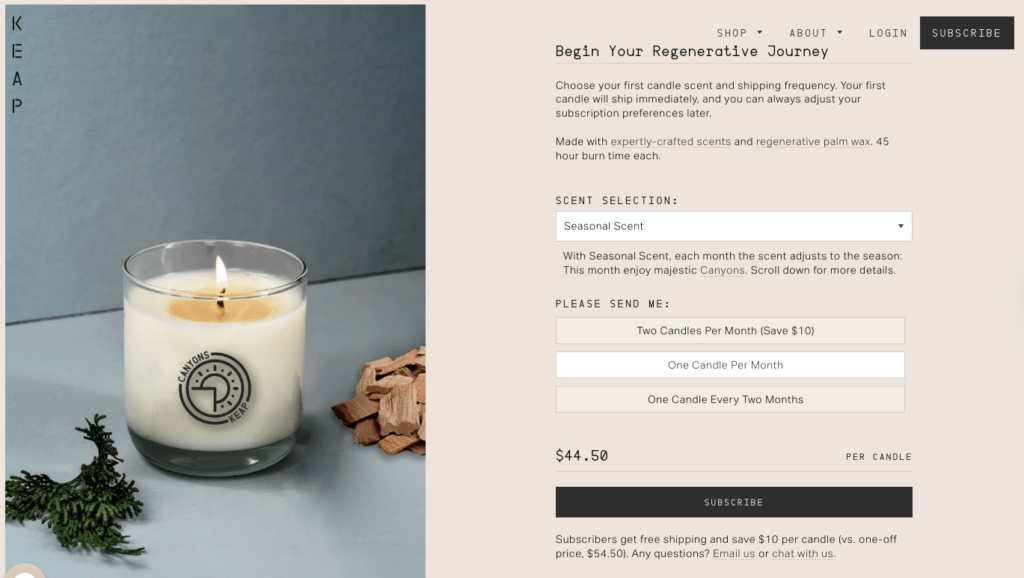 Keap Candles’ subscription box landing page.