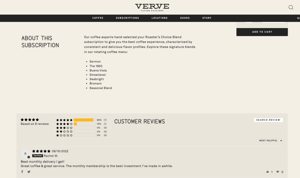 Verve Coffee Roasters’ product page showcasing customer reviews. 
