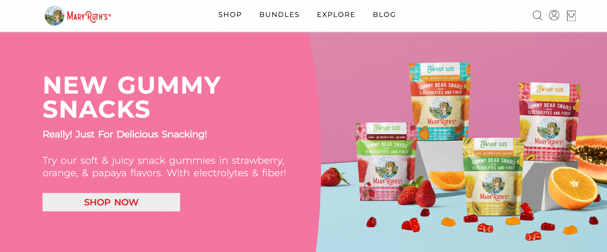 A screenshot of Mary Ruth Organics website showing a banner with New Gummy Snacks.