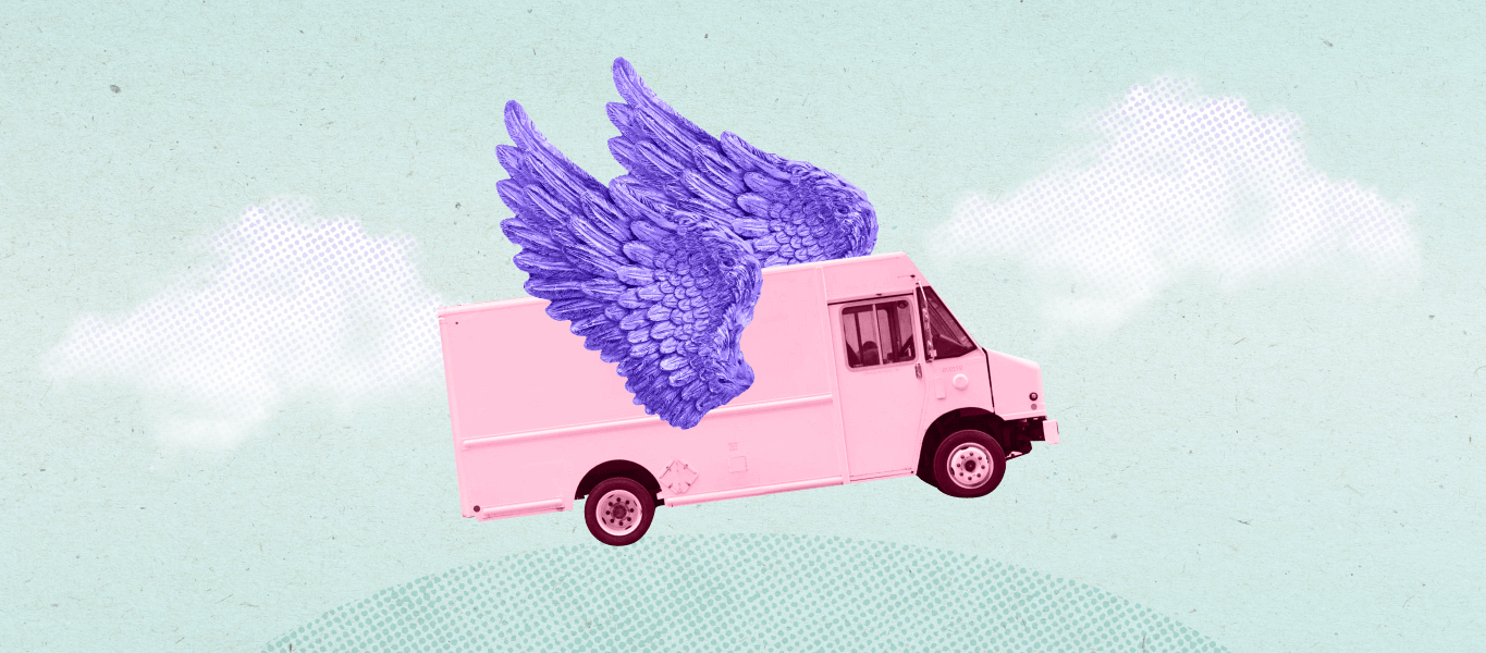 A delivery truck with purple wings flying through the sky.