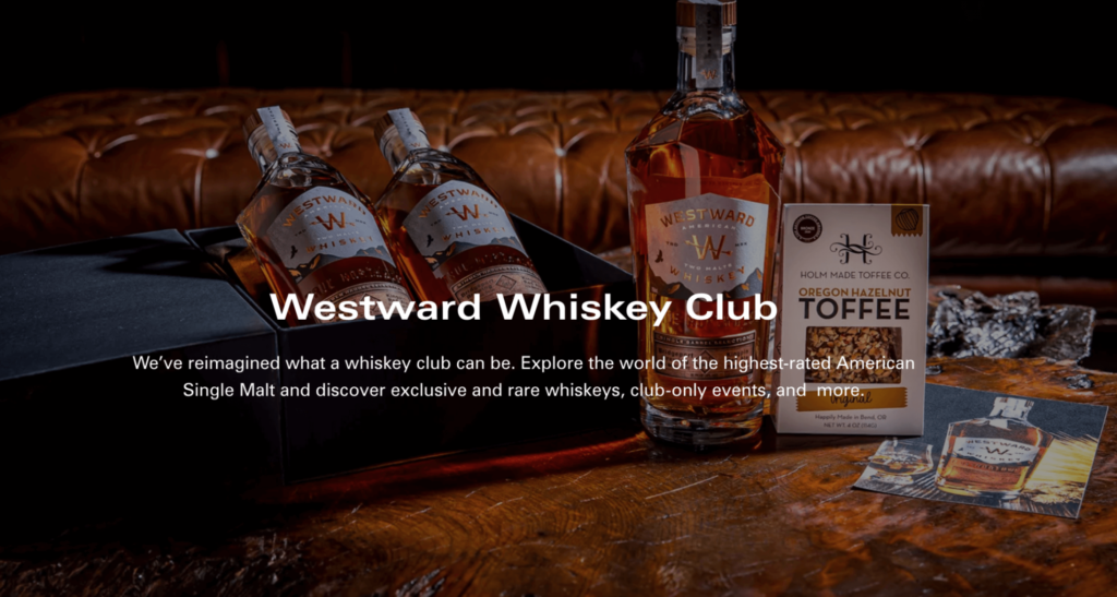 Westward Whiskey Club's offering. A box with 3 different whiskeys and a toffee bag.