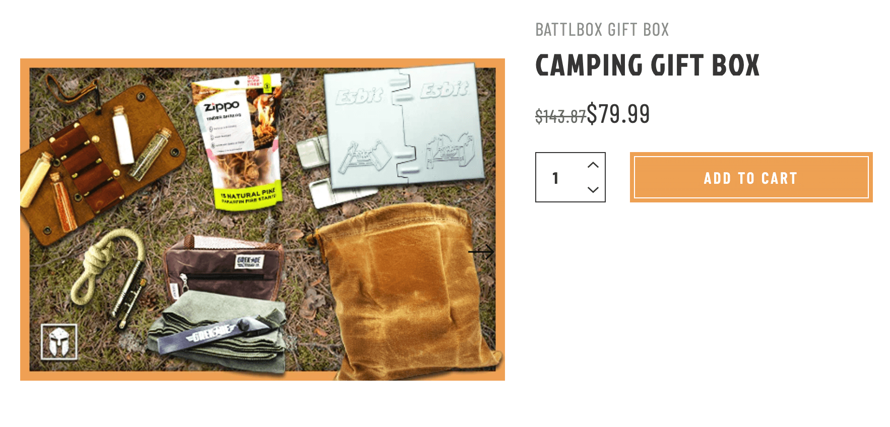 Battlbox's offering of a Camping Gift Box for $79.99 with an array of outdoor tools.
