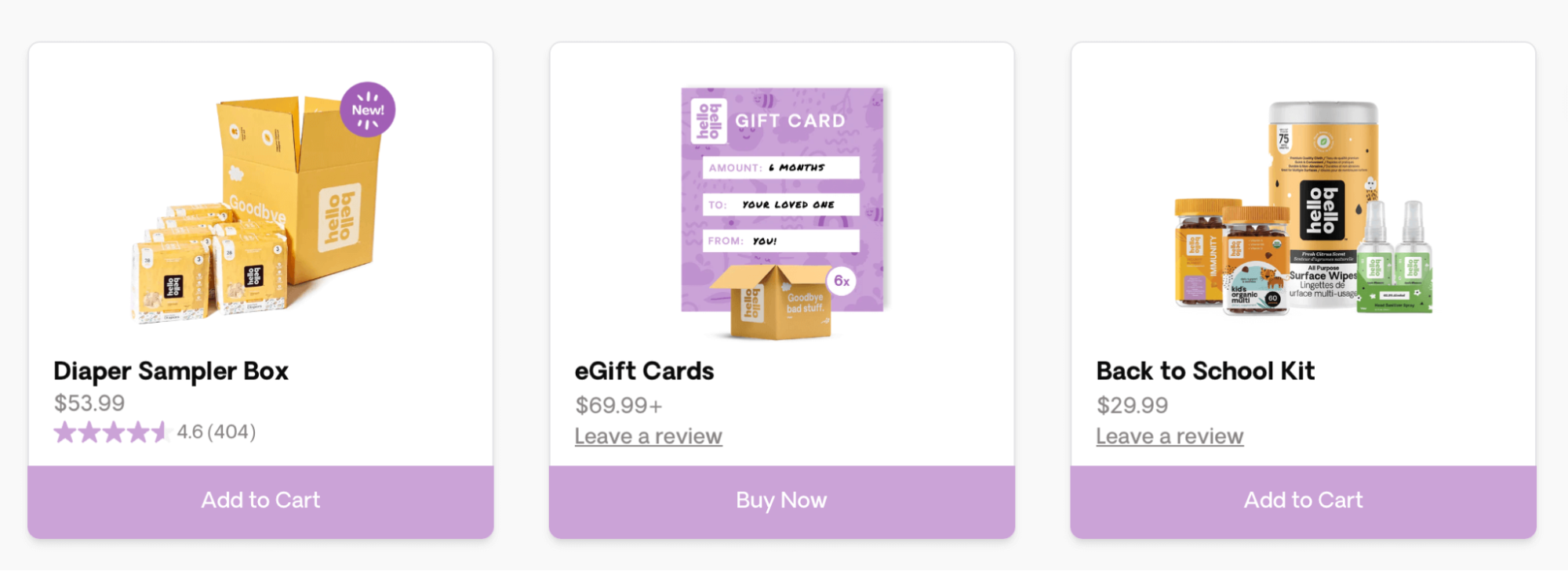 A screenshot from Hello Bello's website showing different options to gift new parents: A Diaper Sampler Box, eGift Cards, and a Back to School Kit.