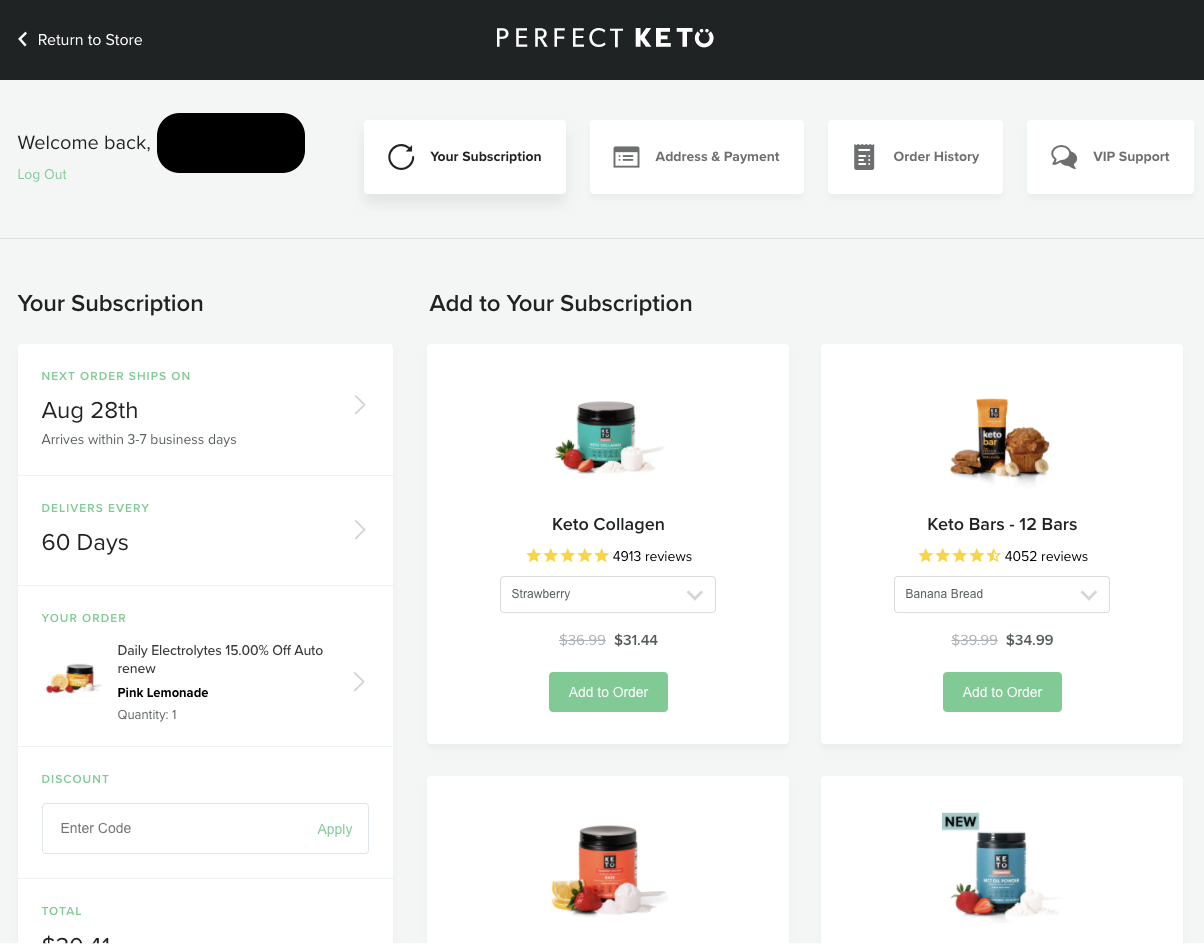 Perfect Keto's customer portal.