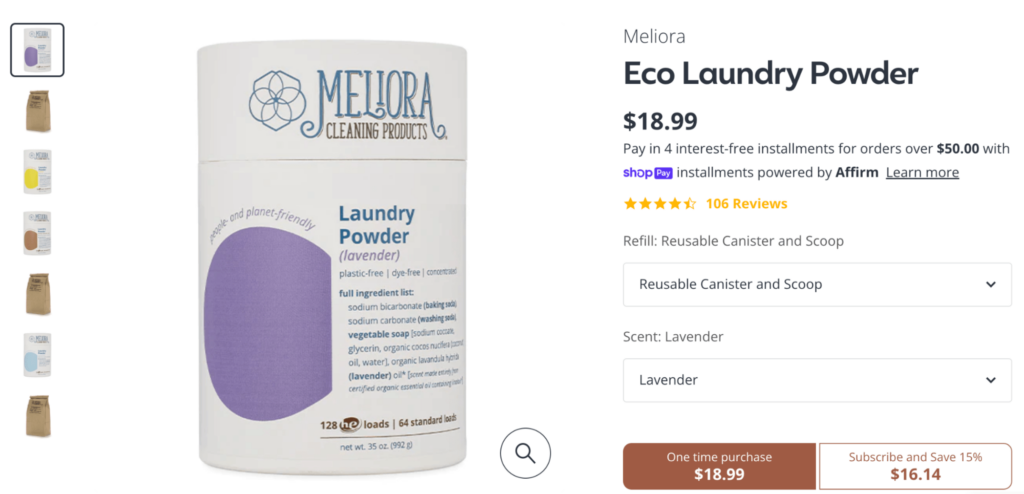 EarthHero’s Eco Laundry Powder product that is available on subscription. 
