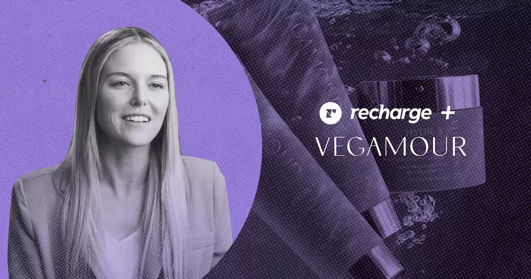 Video poster for the Vegamour + Recharge merchant testimonial video, featuring Brittany Carter, Head of Digital Product, Vegamour