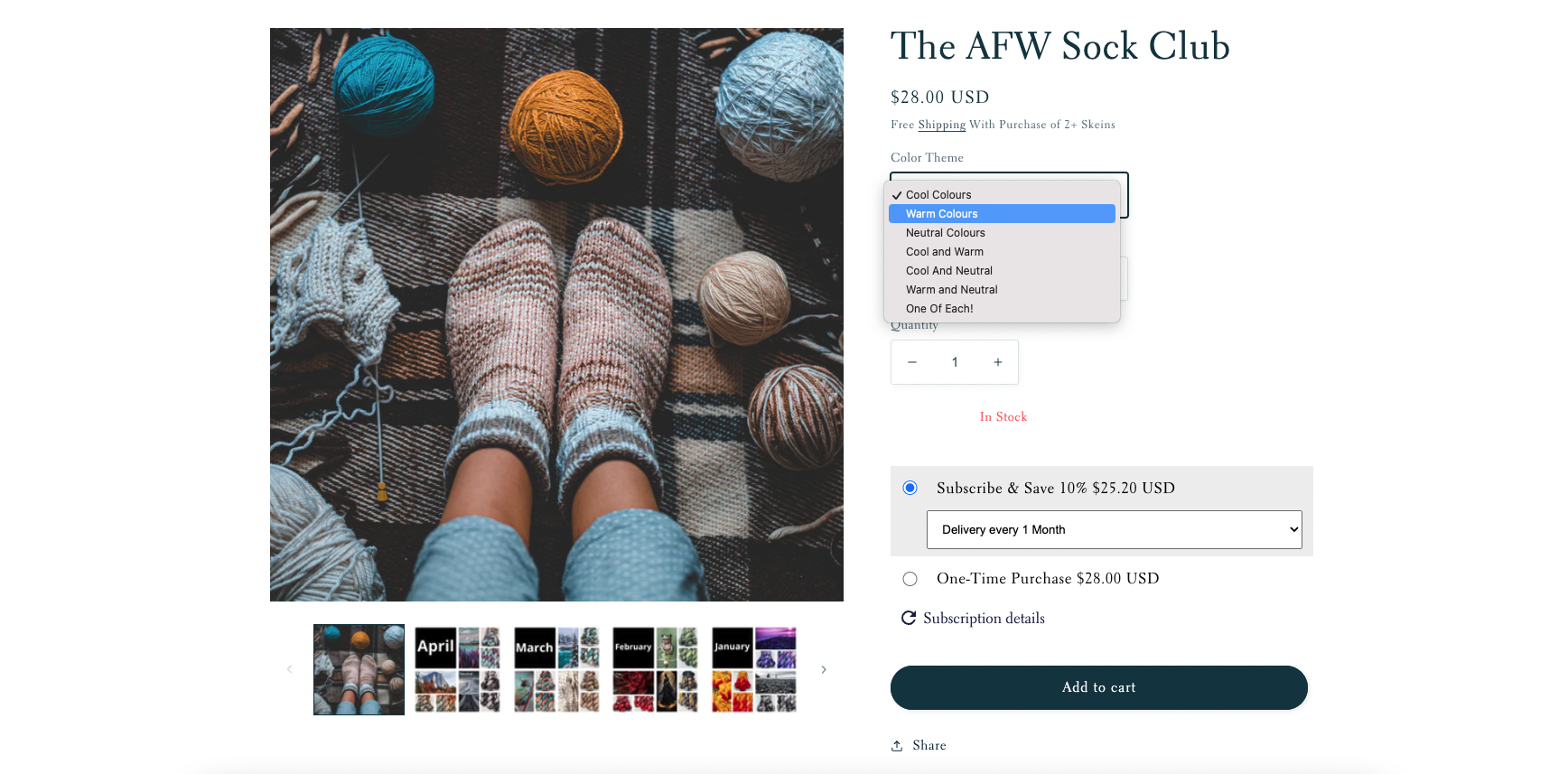A screenshot from Arcane Fibre Works' website showing a pair of feet with hand knit socks on them. The dropdown shows the options for the Sock Club, a subscription of sock yarn every month.