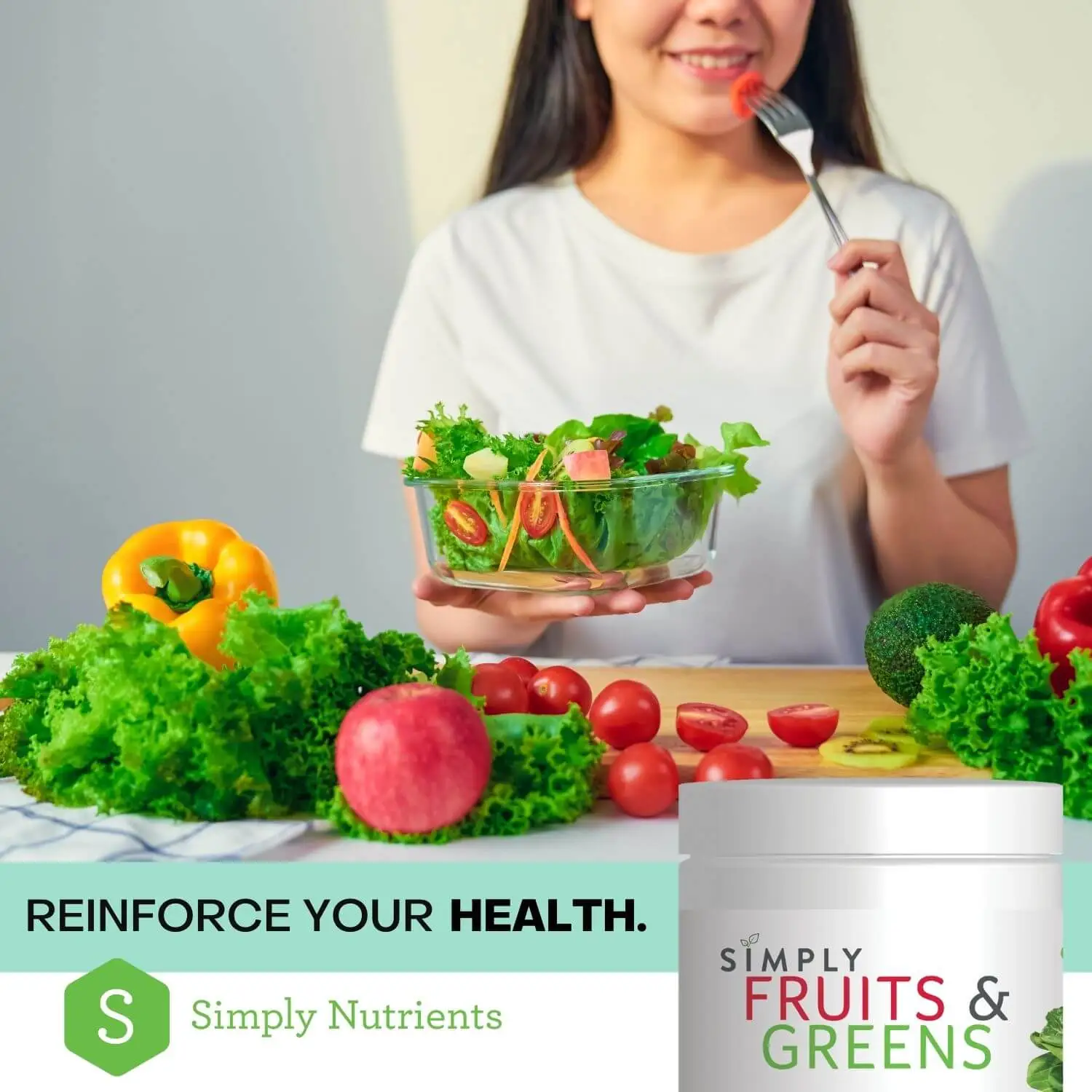 Image of a table covered in fruits and vegetables and someone holding a salad symbolizing the health benefits of using Simply Nutrients.