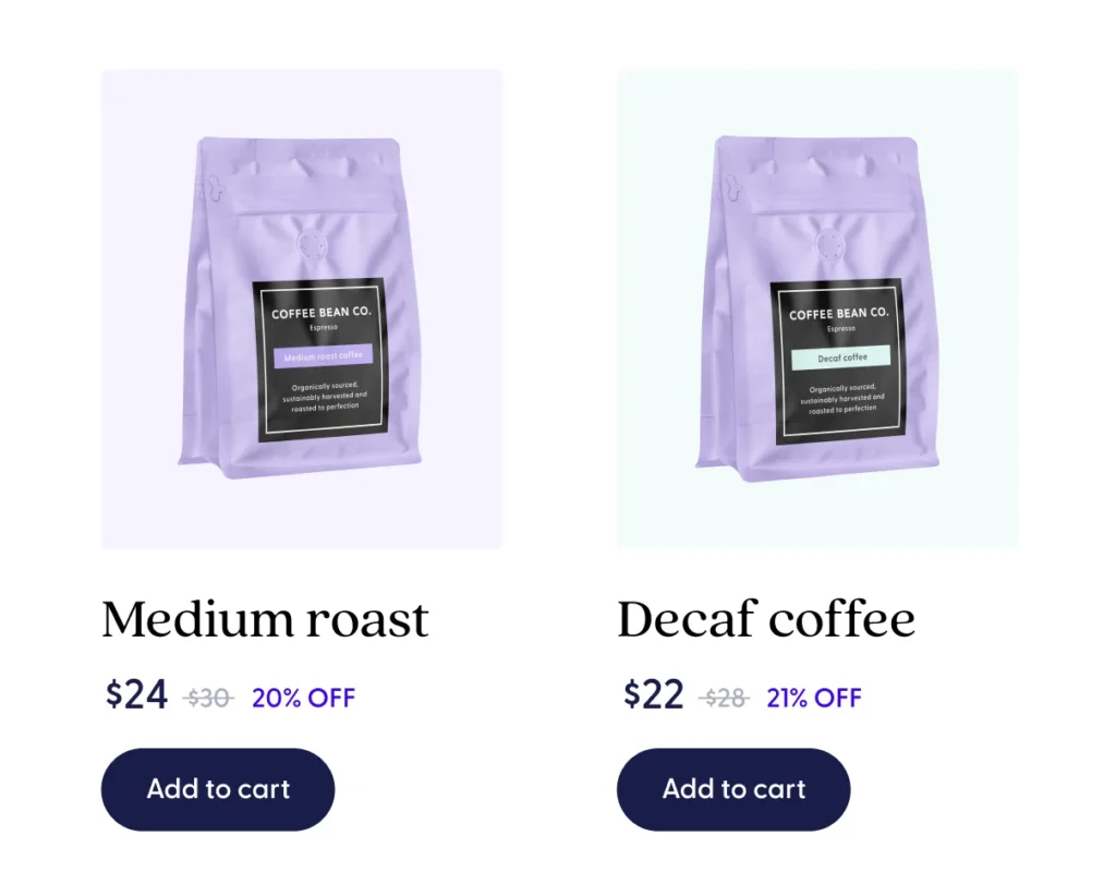 Graphic showing how member pricing would be displayed visually to users looking to purchase bags of coffee from Coffee Bean Co.