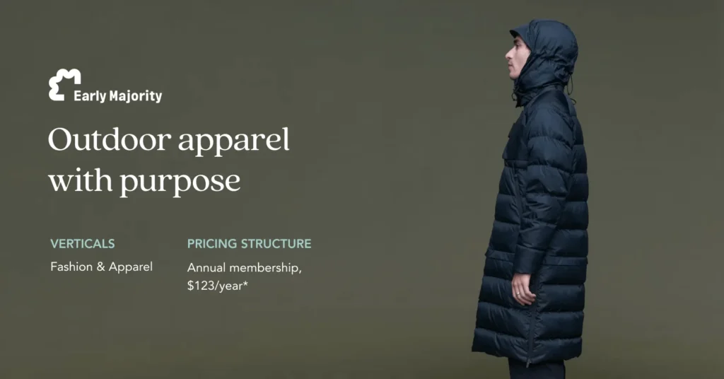 Graphic highlighting outdoor apparel with purpose with a spotlight on Early Majority their product offering