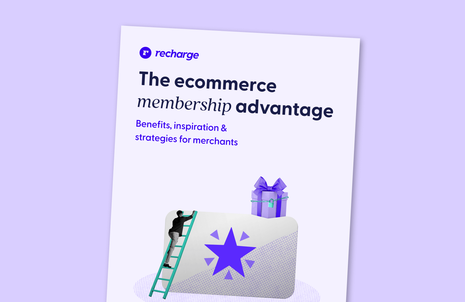 Cover art for the Ecommerce Memberships Advantage featuring an illustration of a ladder leaning up against a gift card with a person climbing up to reach a wrapped present on top