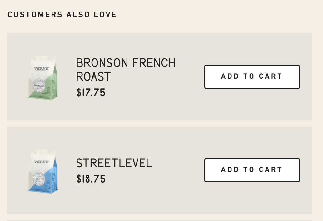 Verve Coffee offers cross-sell options in the customer's cart.