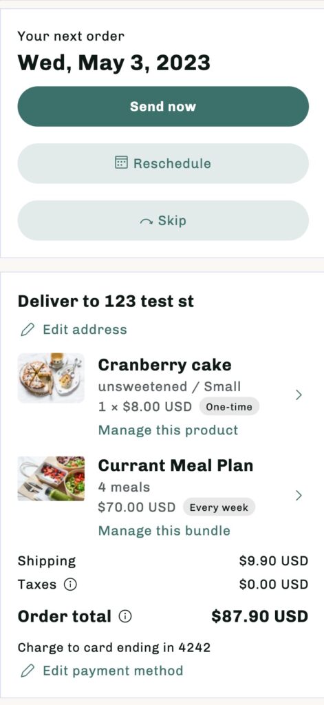 A screenshot of the customer view of Affinity portal that shows their next order.