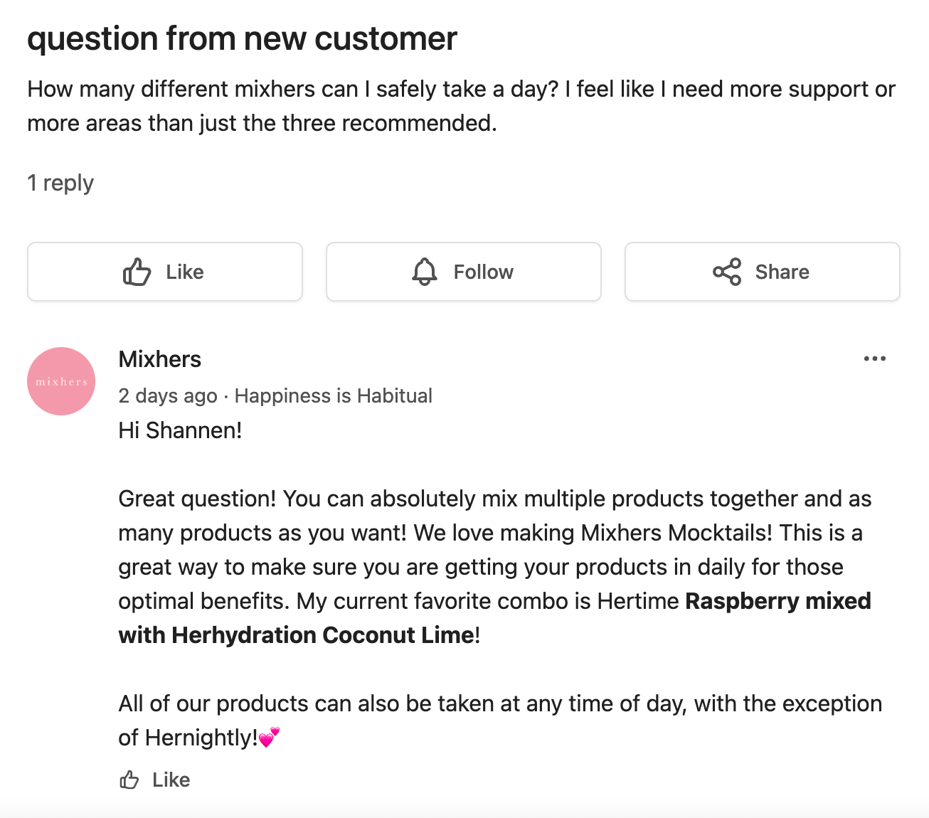 Question from a new customer in the Mixher community.