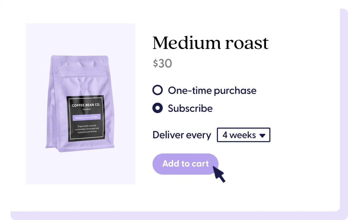 Graphic illustrating the user interface for a customer looking to start a subscription of medium roast coffee every 4 weeks