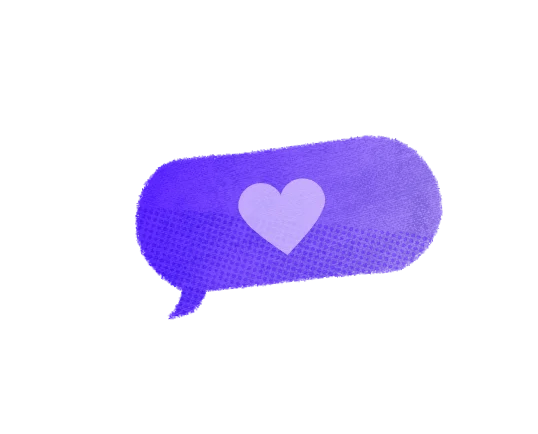 Illustration of a purple chat bubble with a pink heart emoji