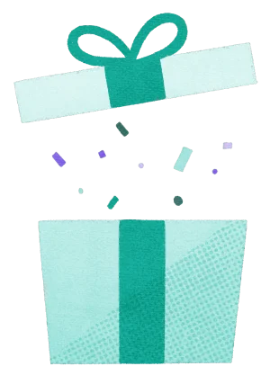 Illustration of the lid coming off of a wrapped present to show confetti inside