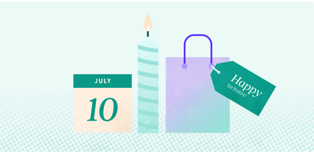 Illustration of a calendar showing the month and day and a gift bag on either side of a lit birthday candle